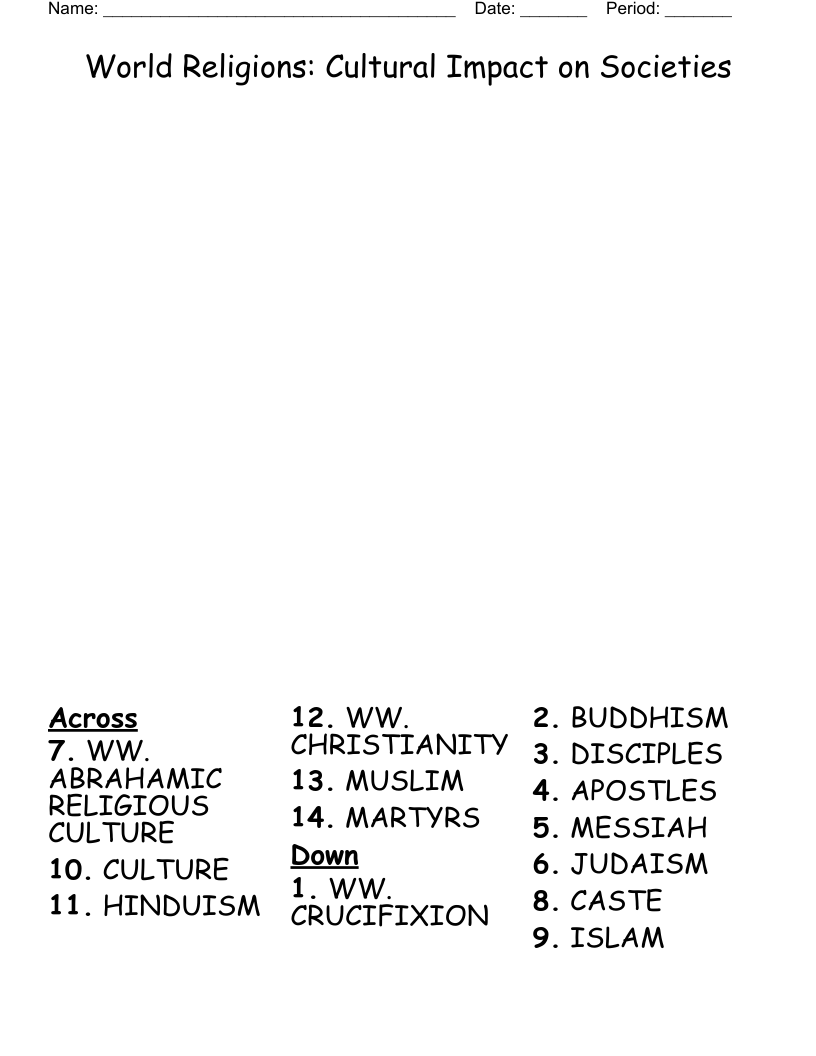 World Religions: Cultural Impact on Societies Crossword