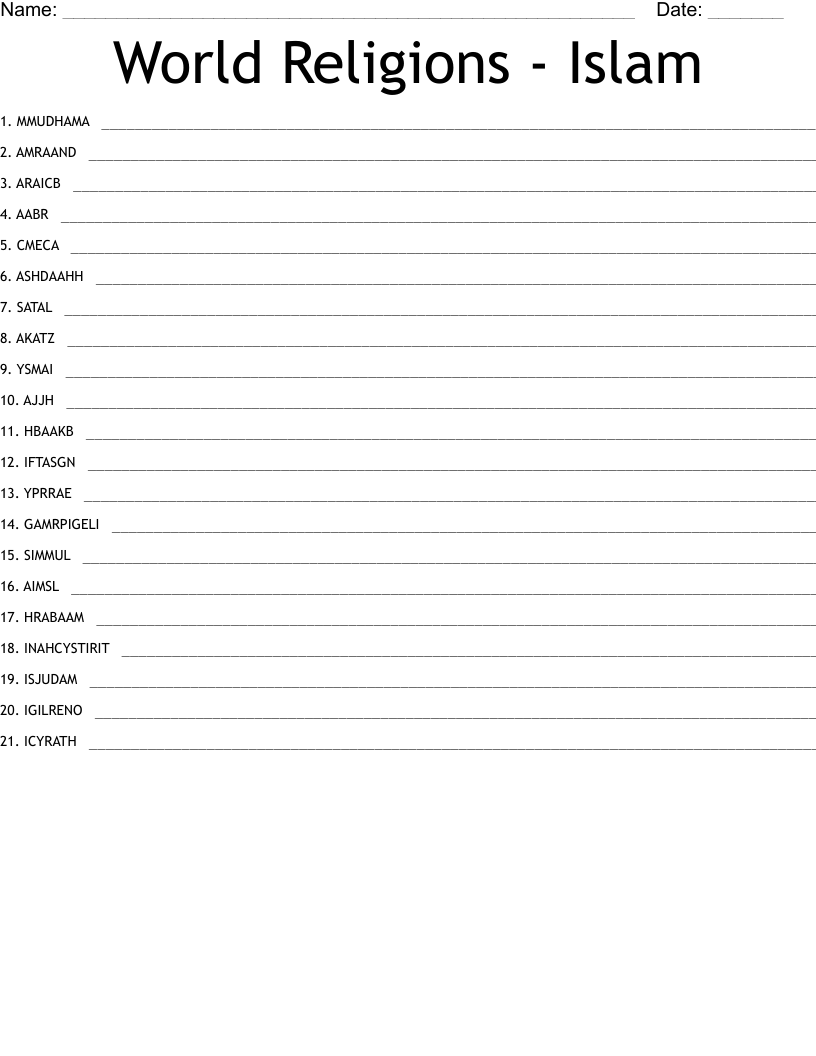 World Religions - Islam Word Scramble