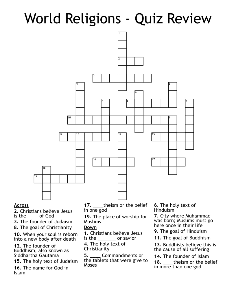 World Religions - Quiz Review Crossword