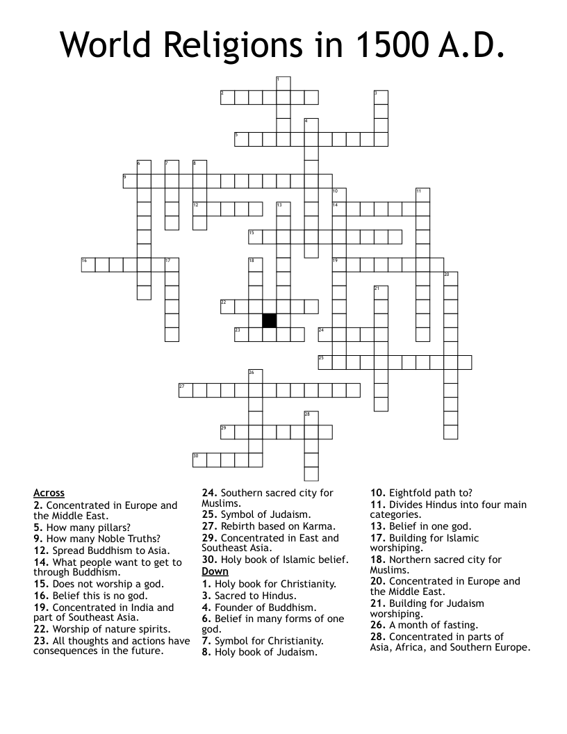 World Religions in 1500 A.D. Crossword