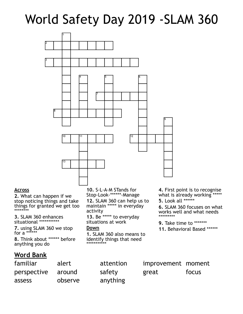World Safety Day 2019 -SLAM 360 Crossword