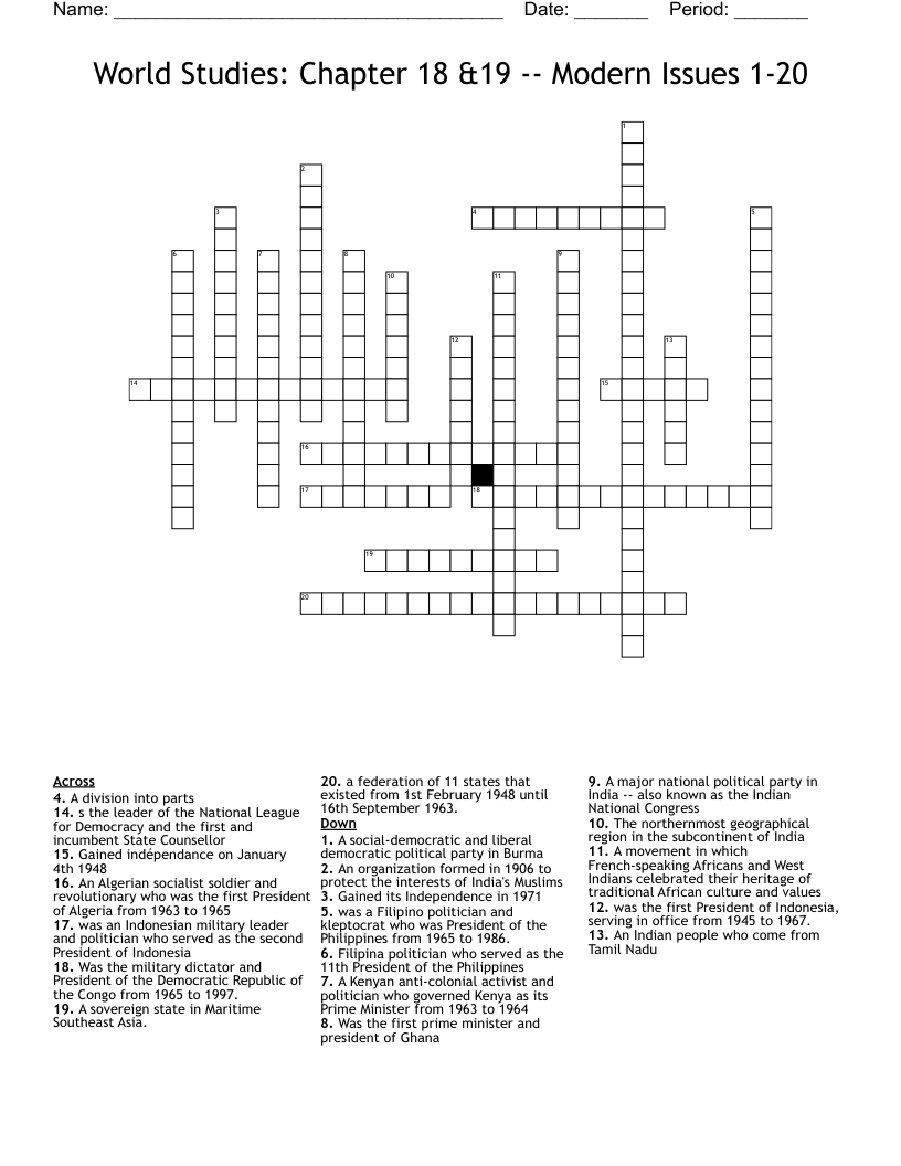 World Studies: Chapter 18 &19 -- Modern Issues 1-20 Crossword