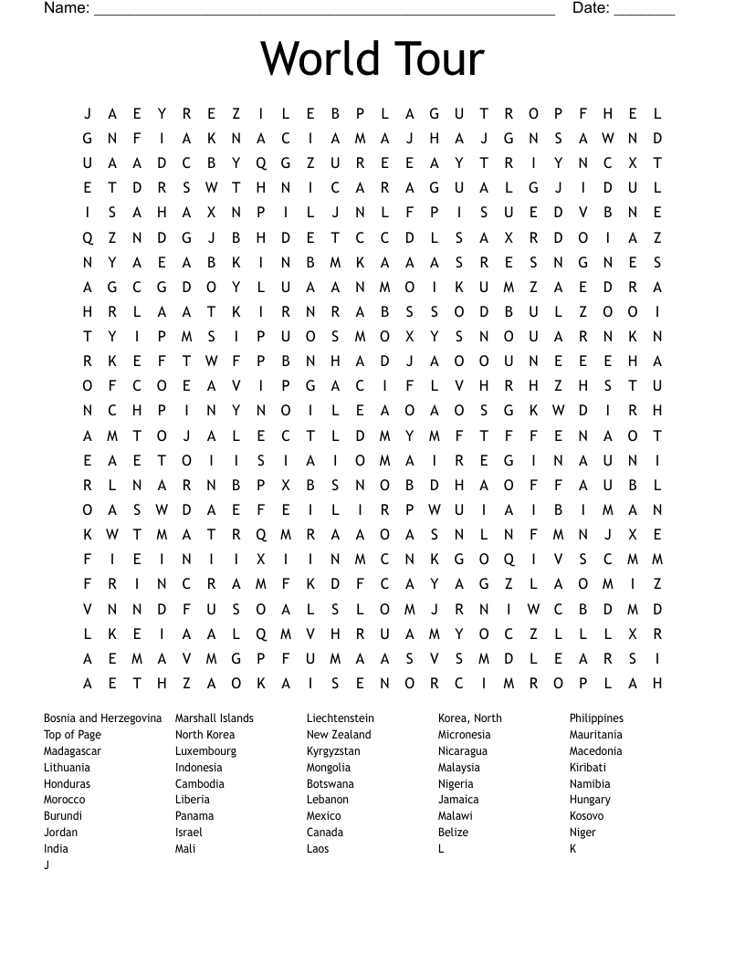 World Tour Word Search
