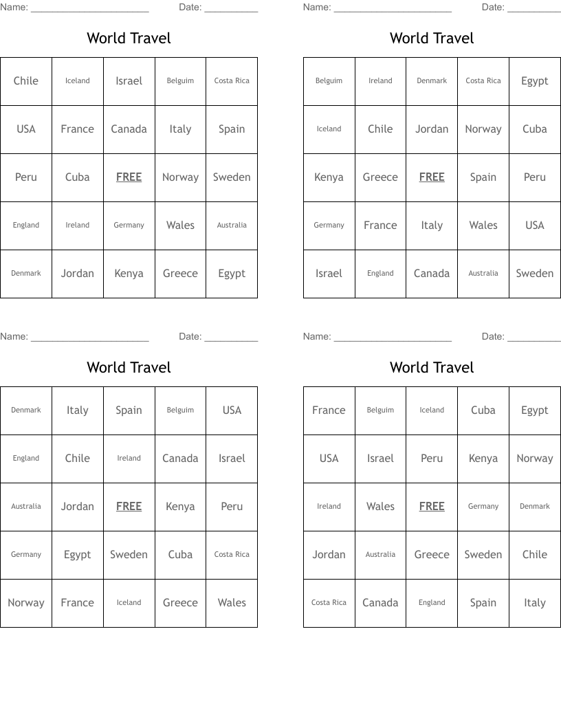 World Travel Bingo Cards