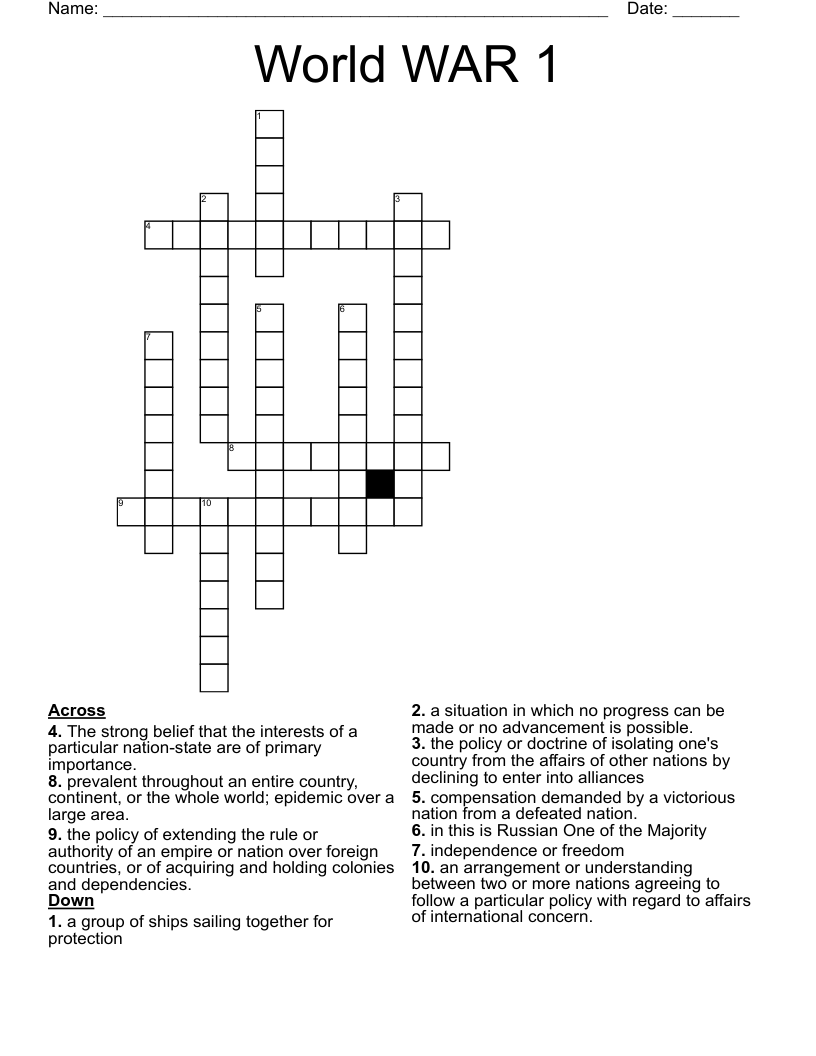 World WAR 1 Crossword