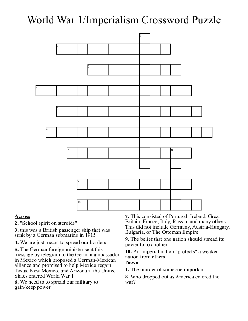 World War 1/Imperialism Crossword Puzzle 