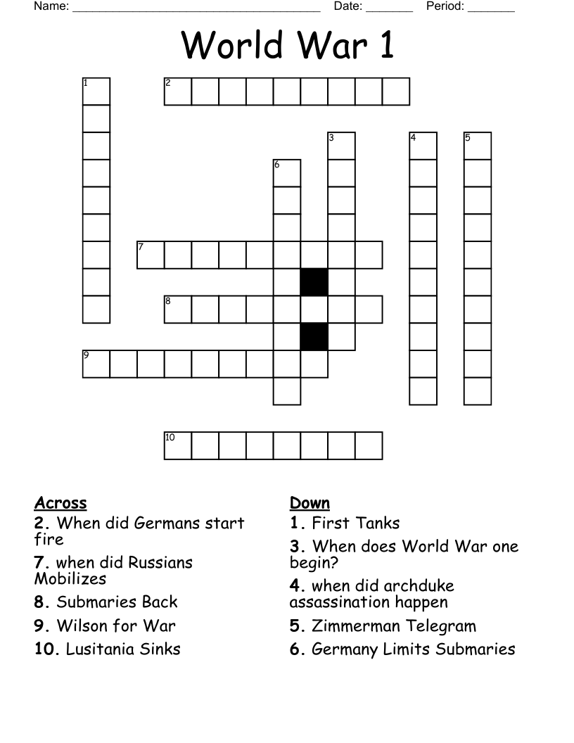 World War 1 Crossword