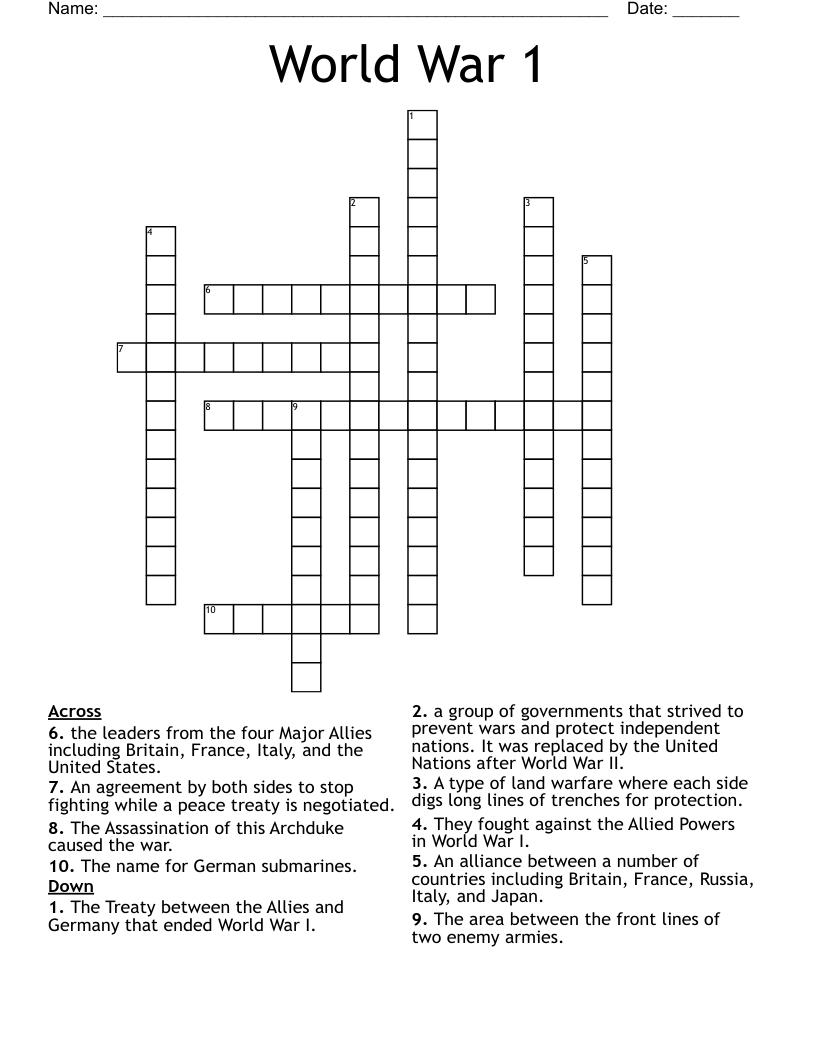 World War 1 Crossword