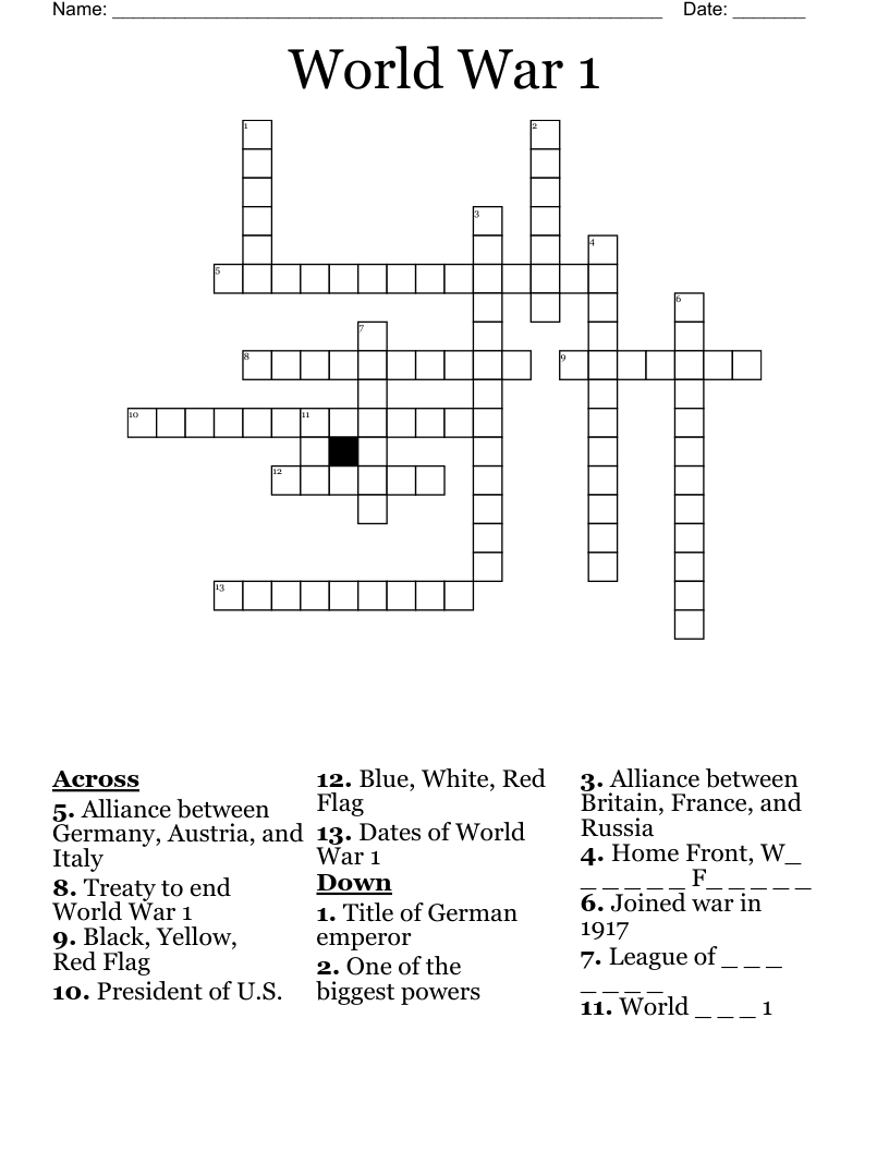 World War 1 Crossword