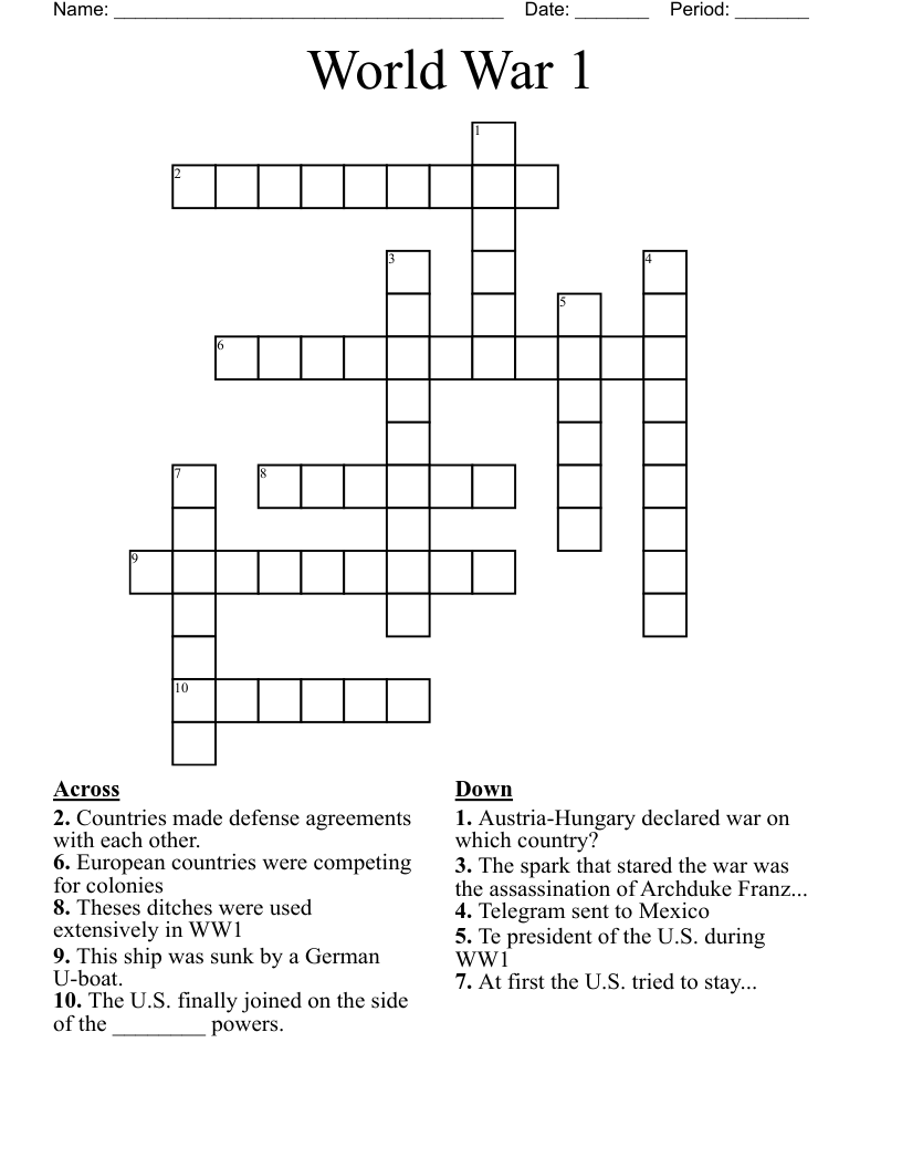 World War 1 Crossword