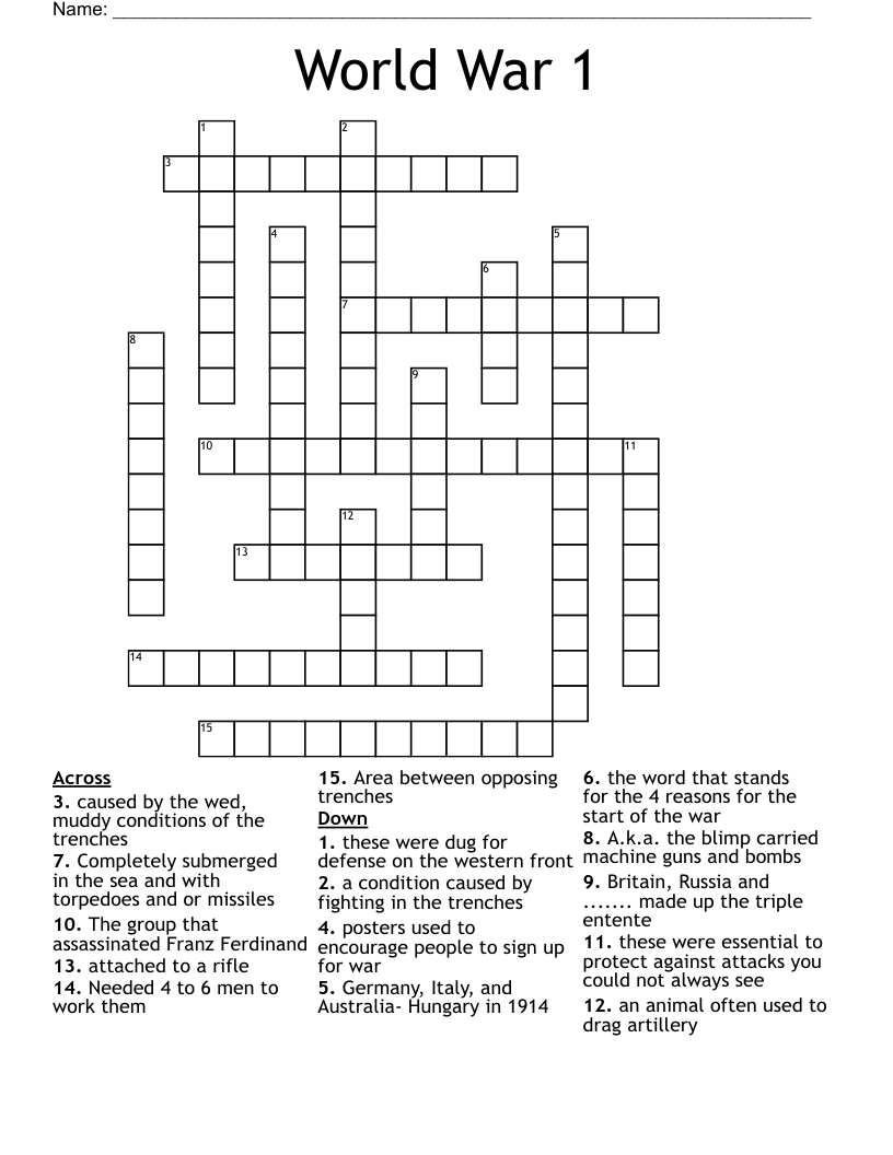 World War 1 Crossword