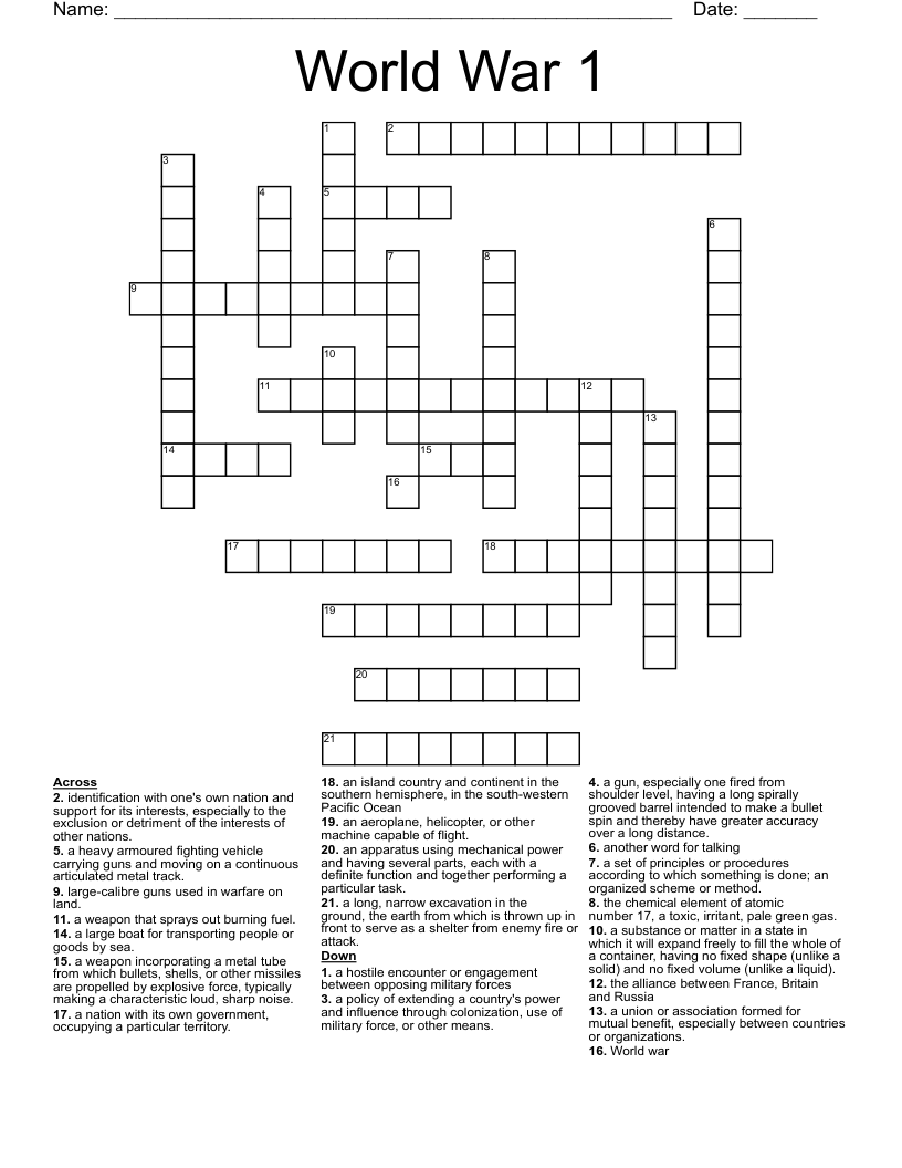 World War 1 Crossword