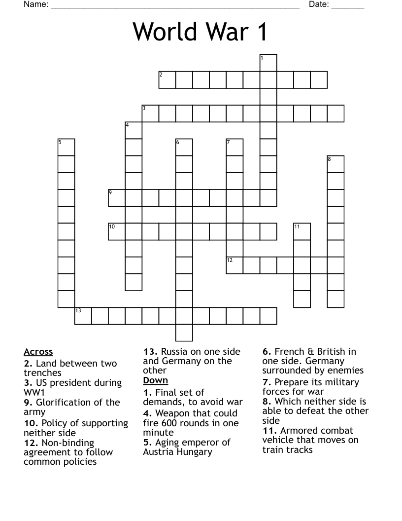 World War 1 Crossword