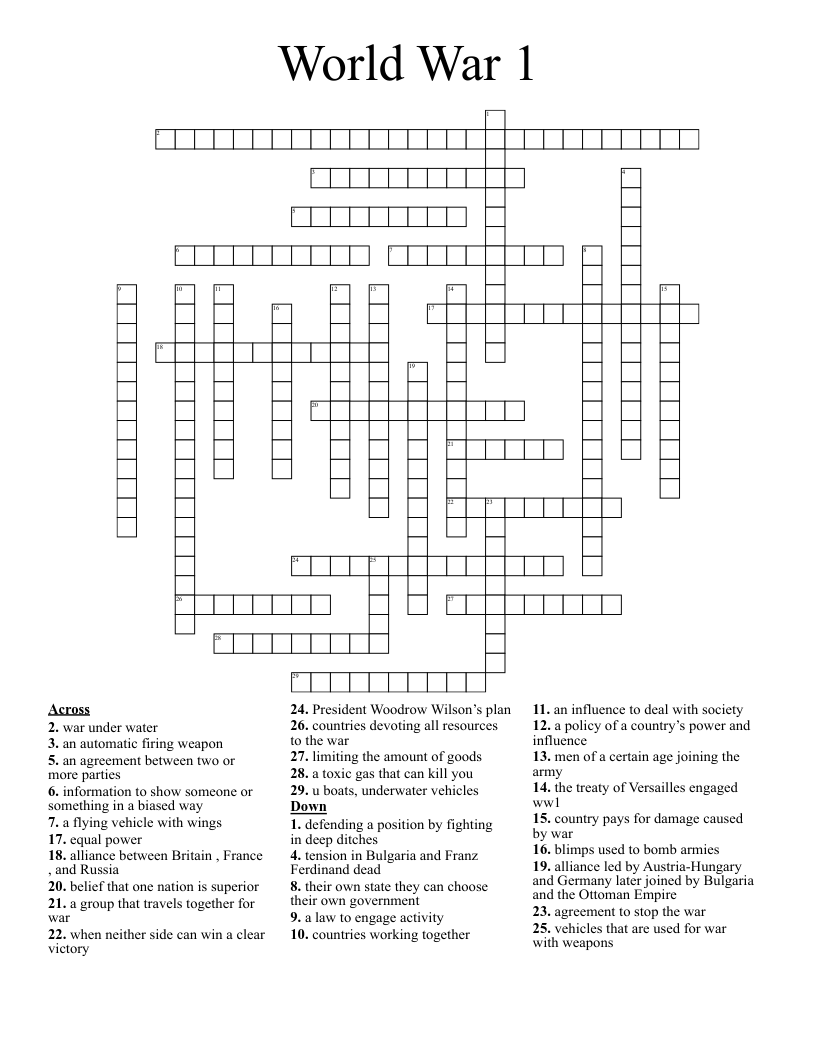 World War 1 Crossword