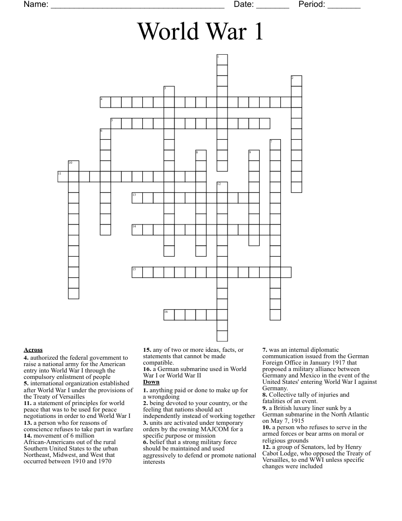 World War 1 Crossword