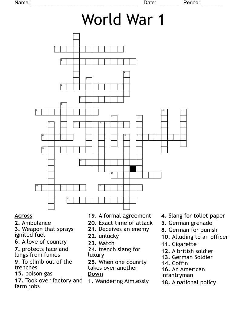 World War 1 Crossword