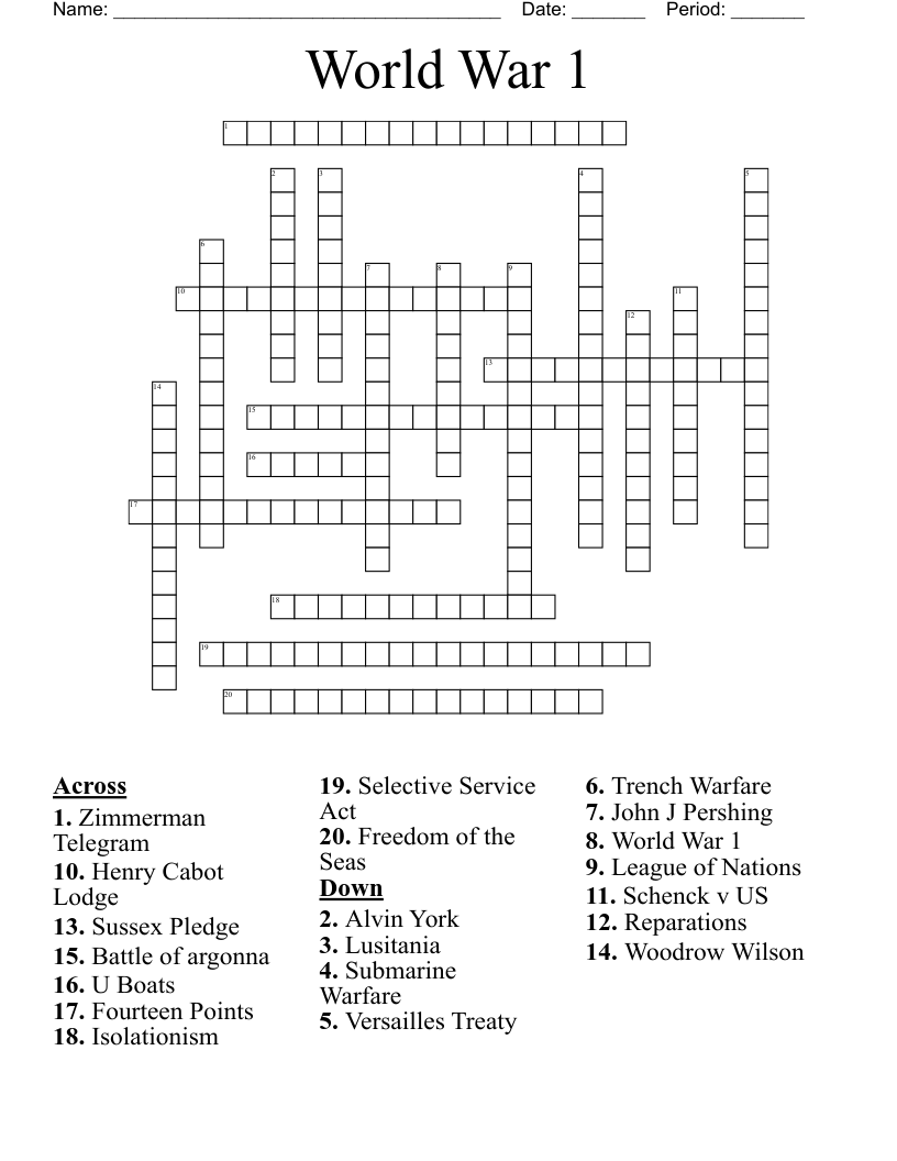 World War 1 Crossword