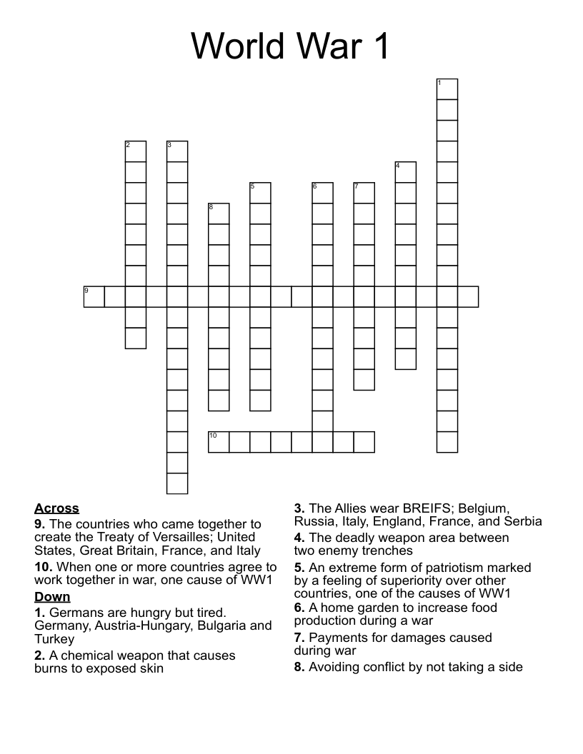 World War 1 Crossword