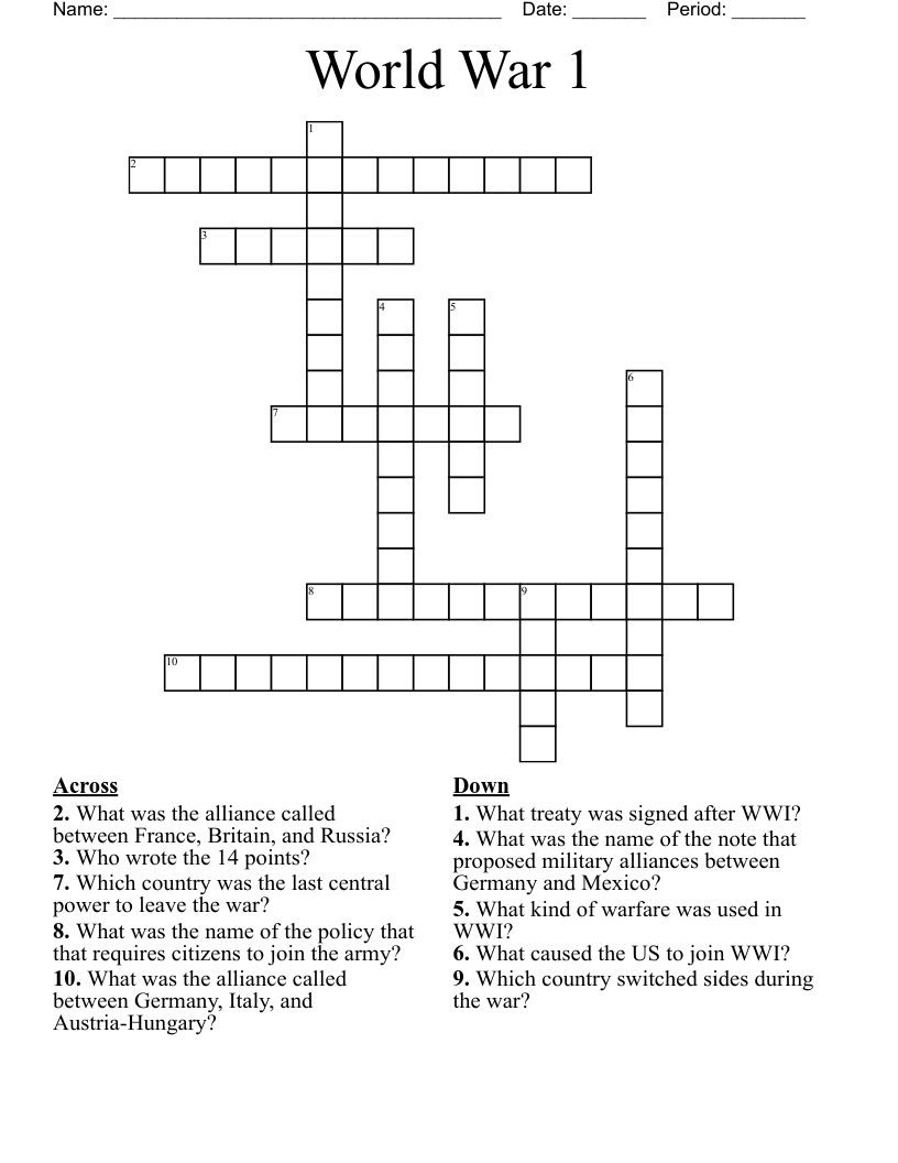 World War 1 Crossword