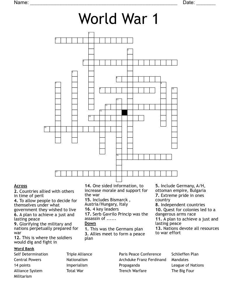 World War 1 Crossword