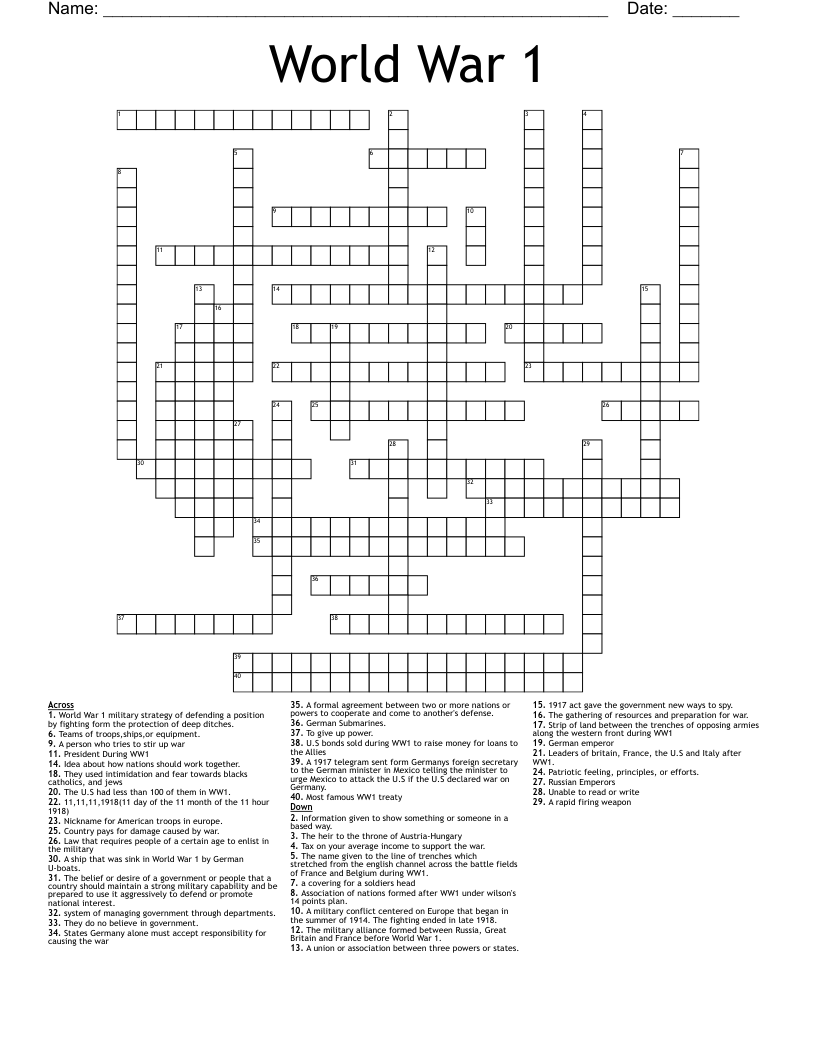 World War 1 Crossword