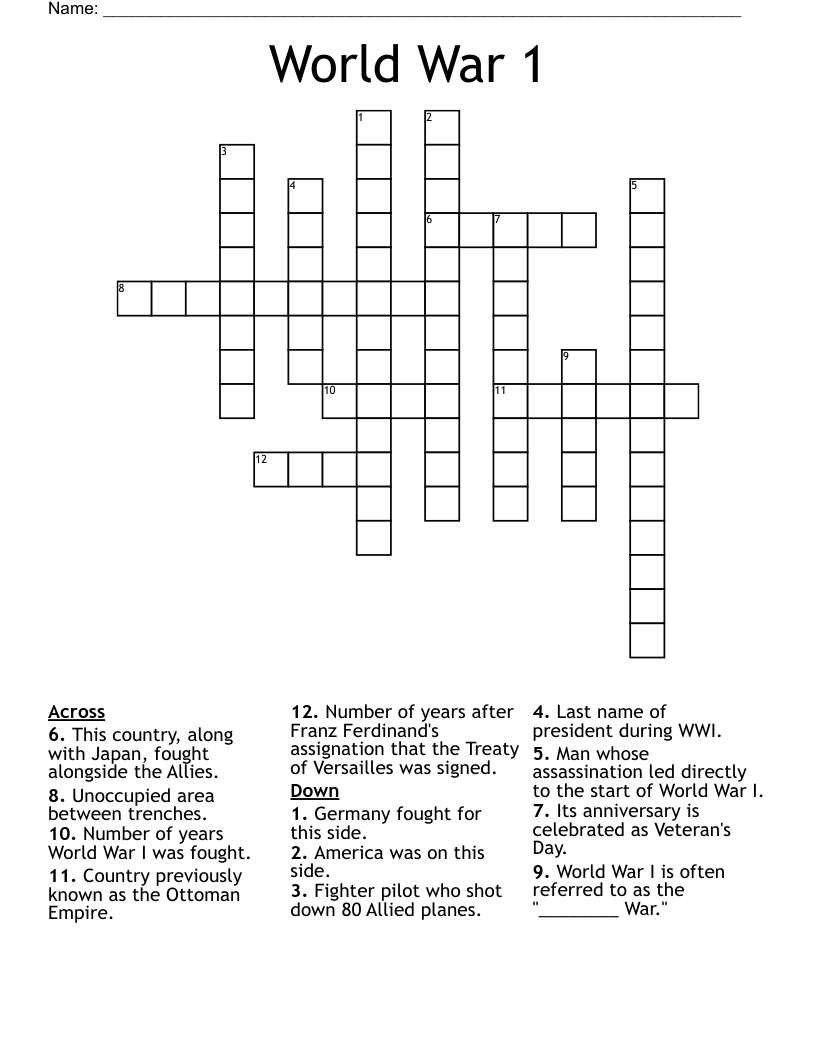 World War 1 Crossword