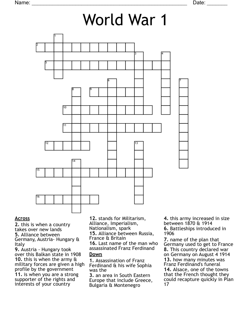 World War 1 Crossword