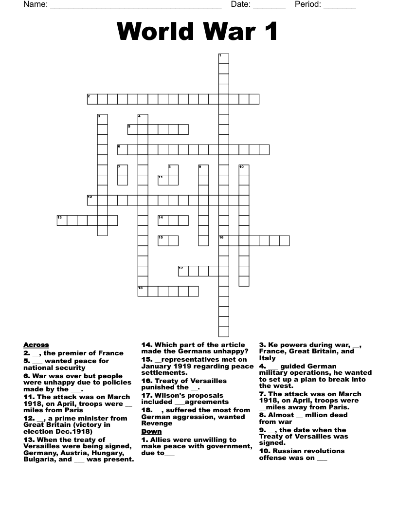 World War 1 Crossword