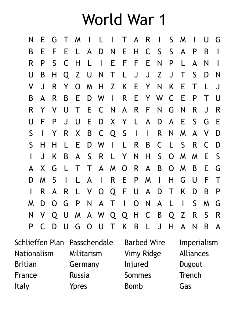 World War 1 Word Search