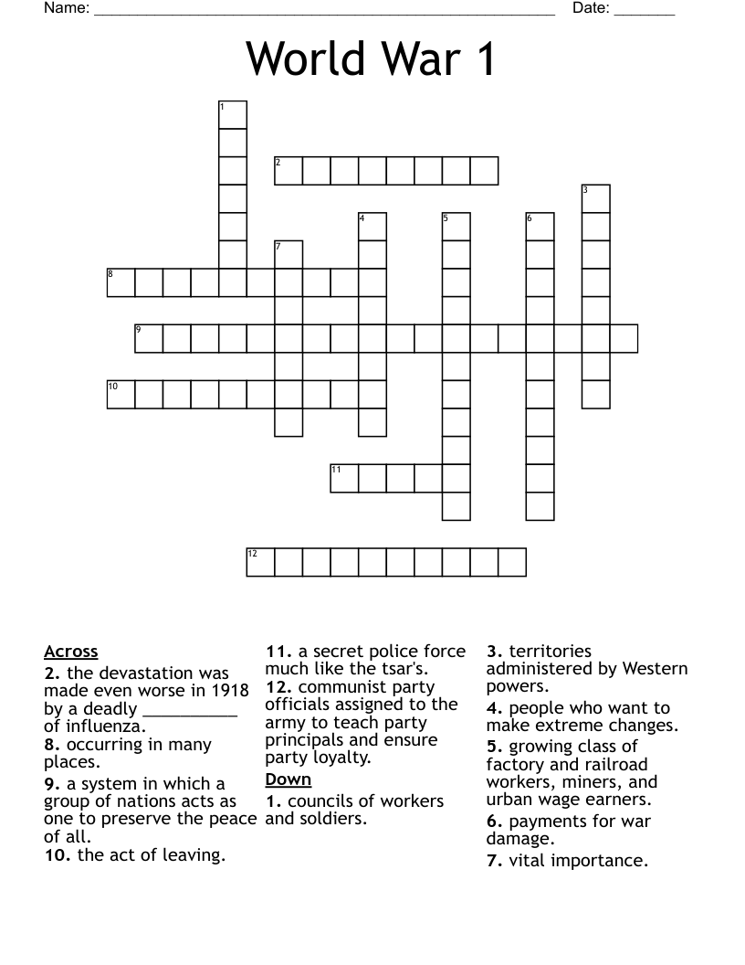 World War 1 Crossword
