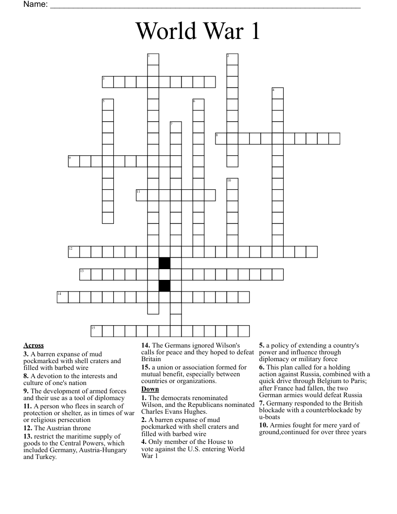 World War 1 Crossword