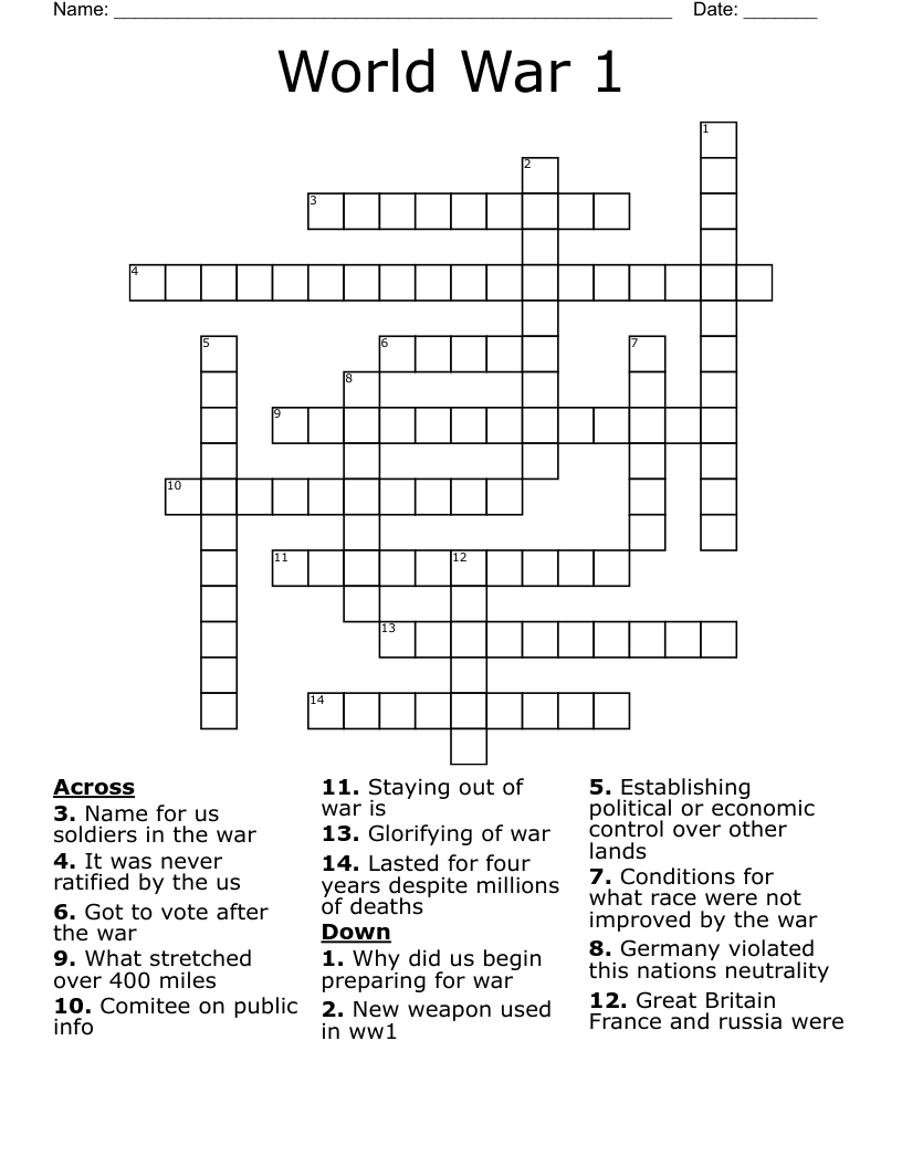 World War 1 Crossword