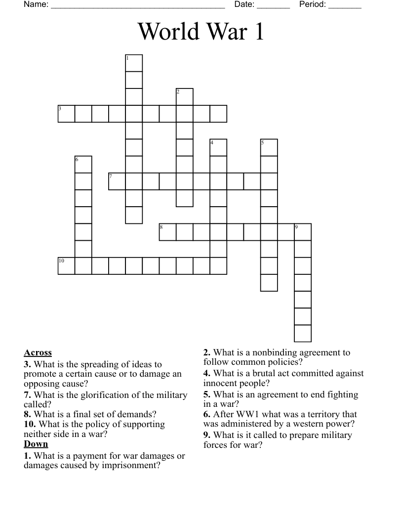World War 1 Crossword