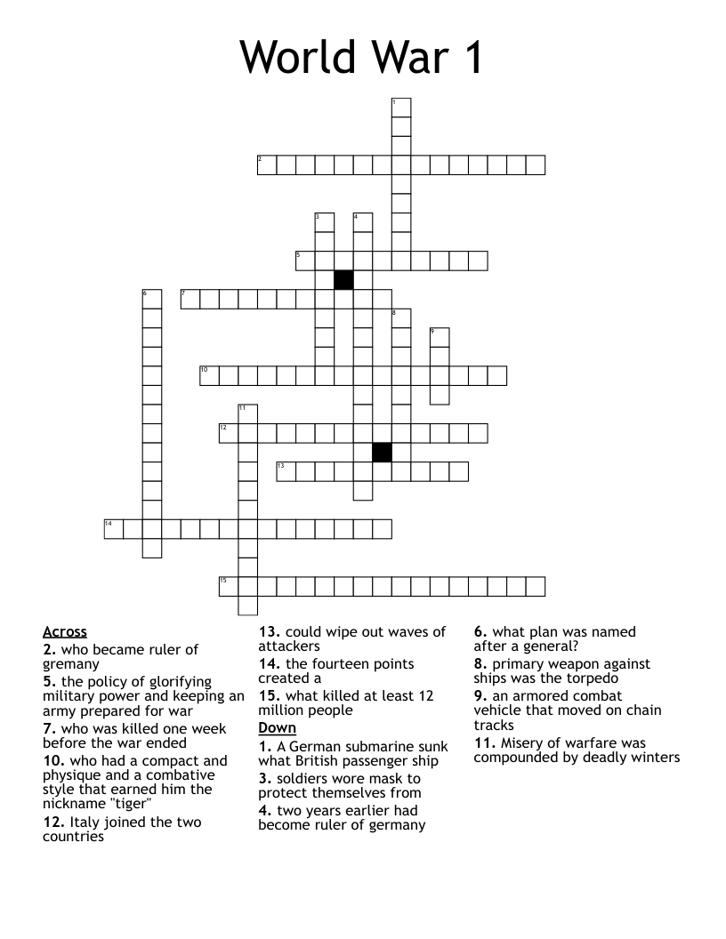 World War 1 Crossword