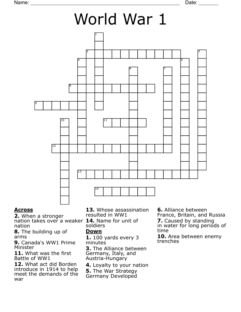 World War 1 Crossword