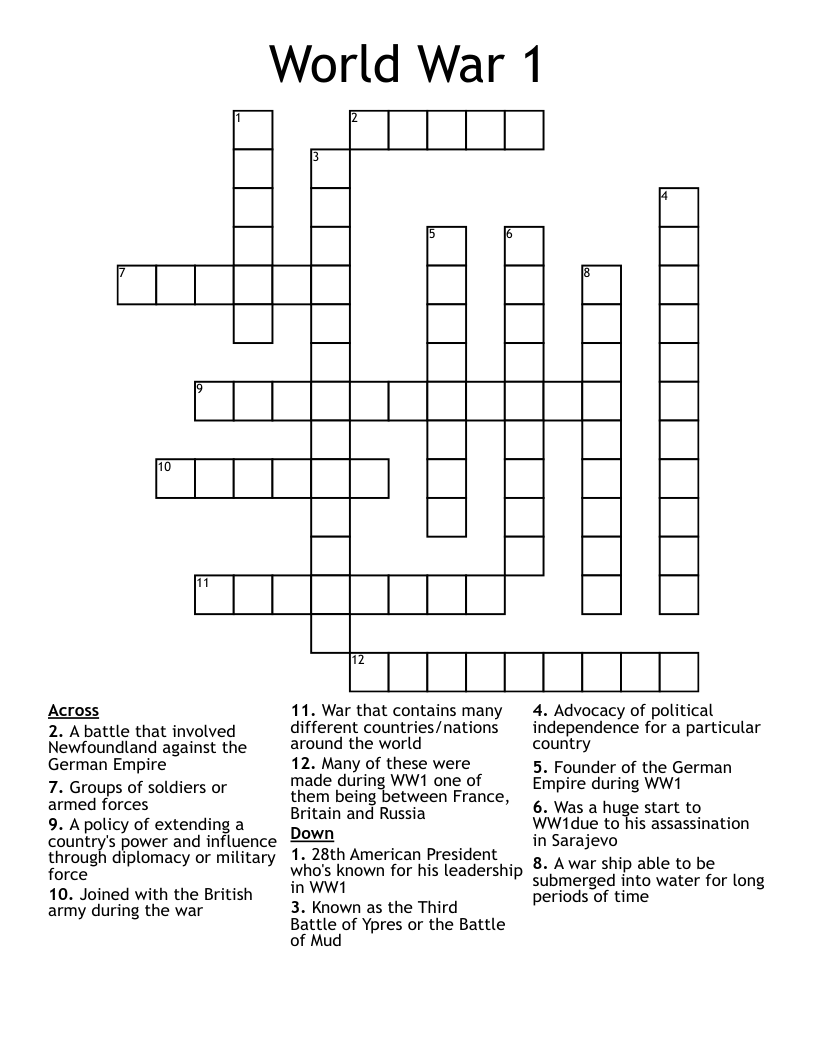 World War 1 Crossword