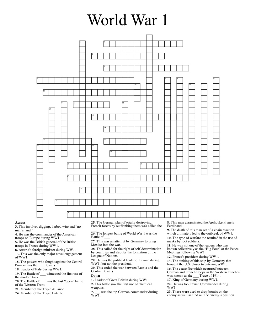 World War 1 Crossword