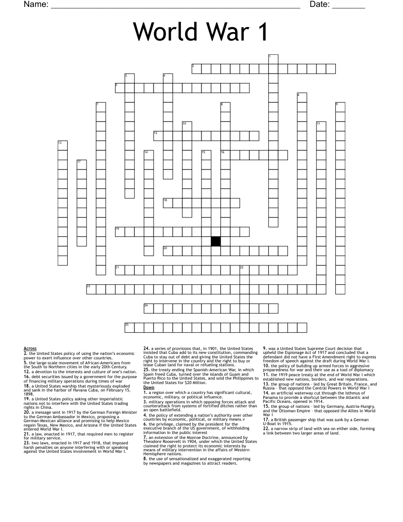World War 1 Crossword