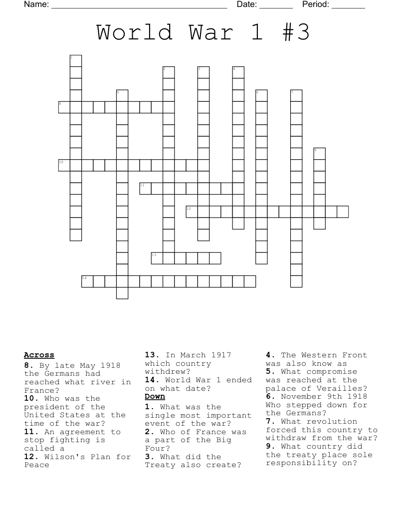 World War 1 #3 Crossword