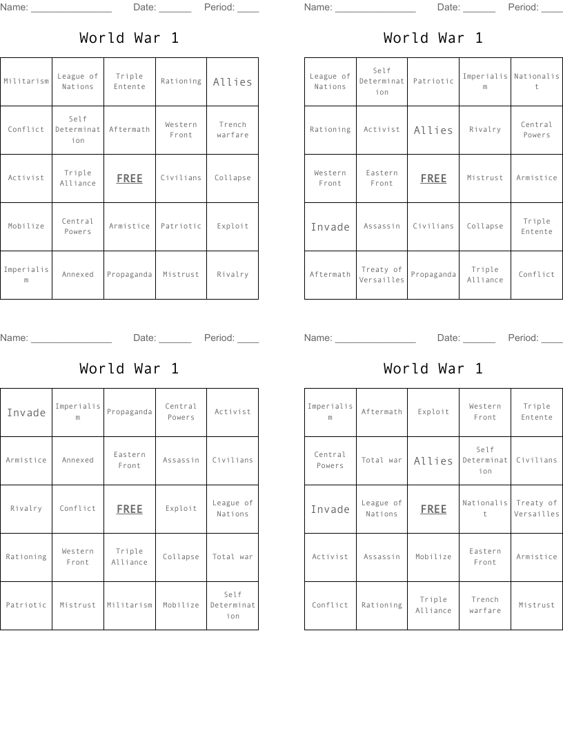 World War 1 Bingo Cards