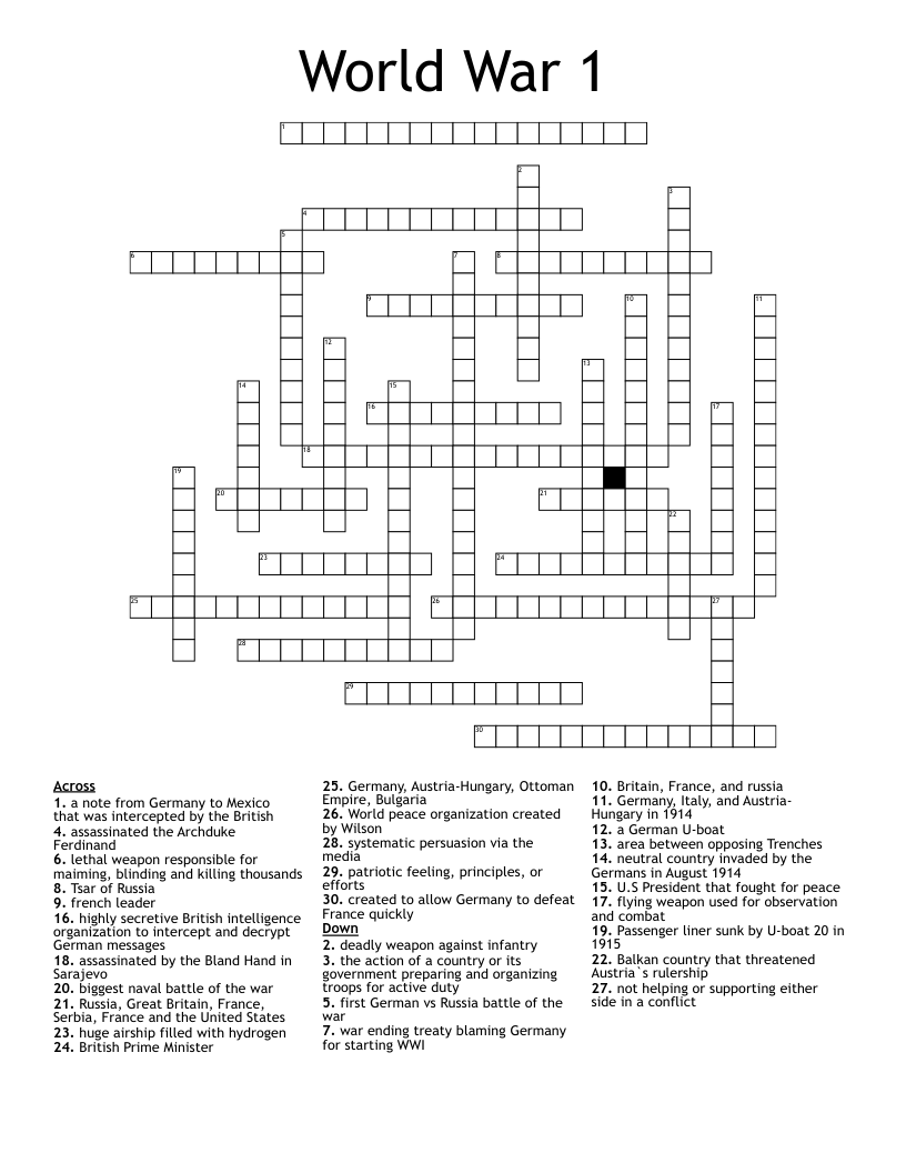 World War 1 Crossword