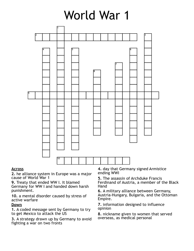 World War 1 Crossword