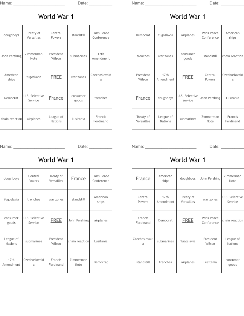World War 1 Bingo Cards