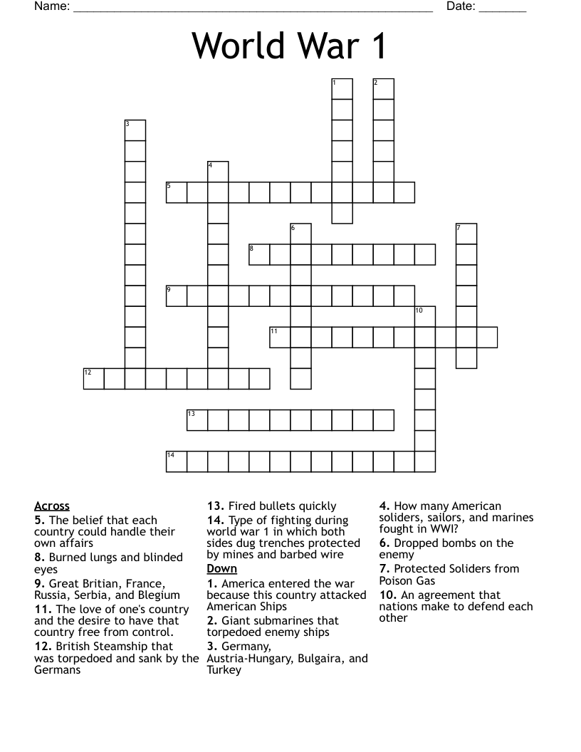 World War 1 Crossword