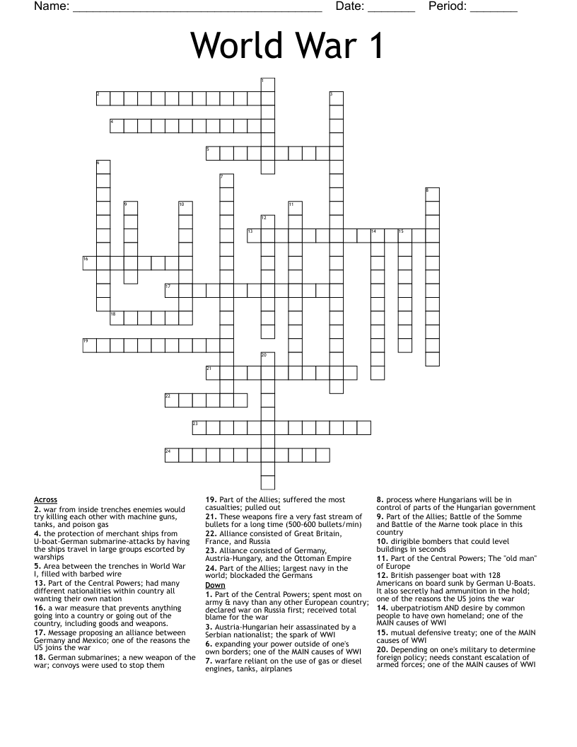 World War 1 Crossword