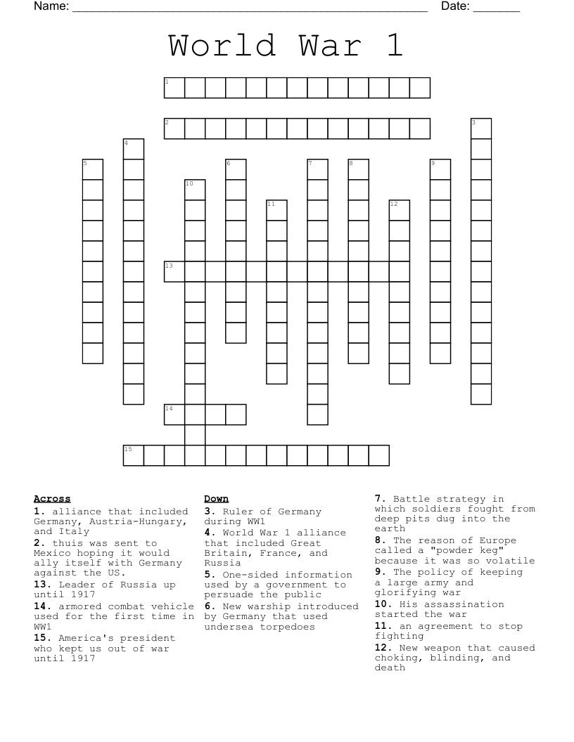 World War 1 Crossword