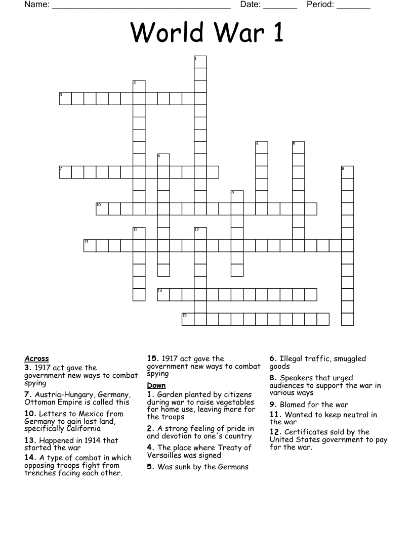 World War 1 Crossword