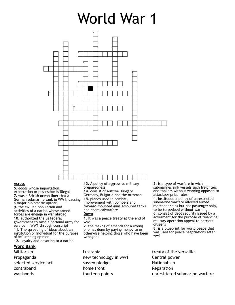 World War 1 Crossword