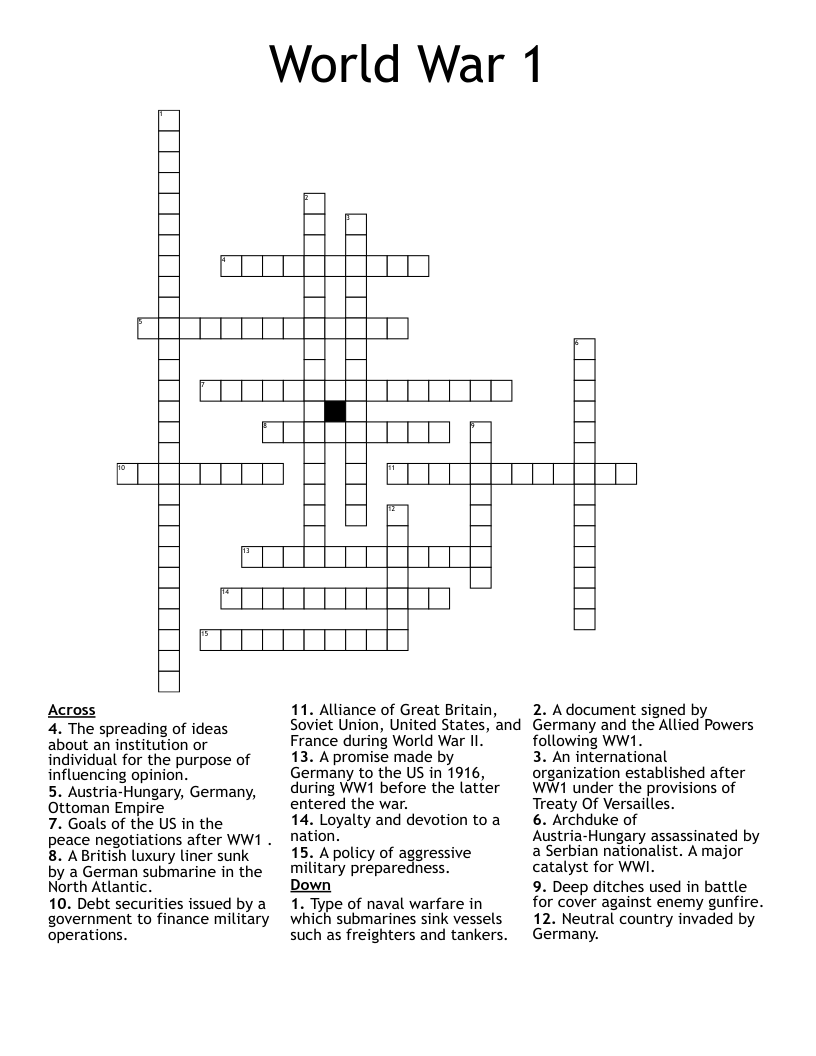 World War 1 Crossword