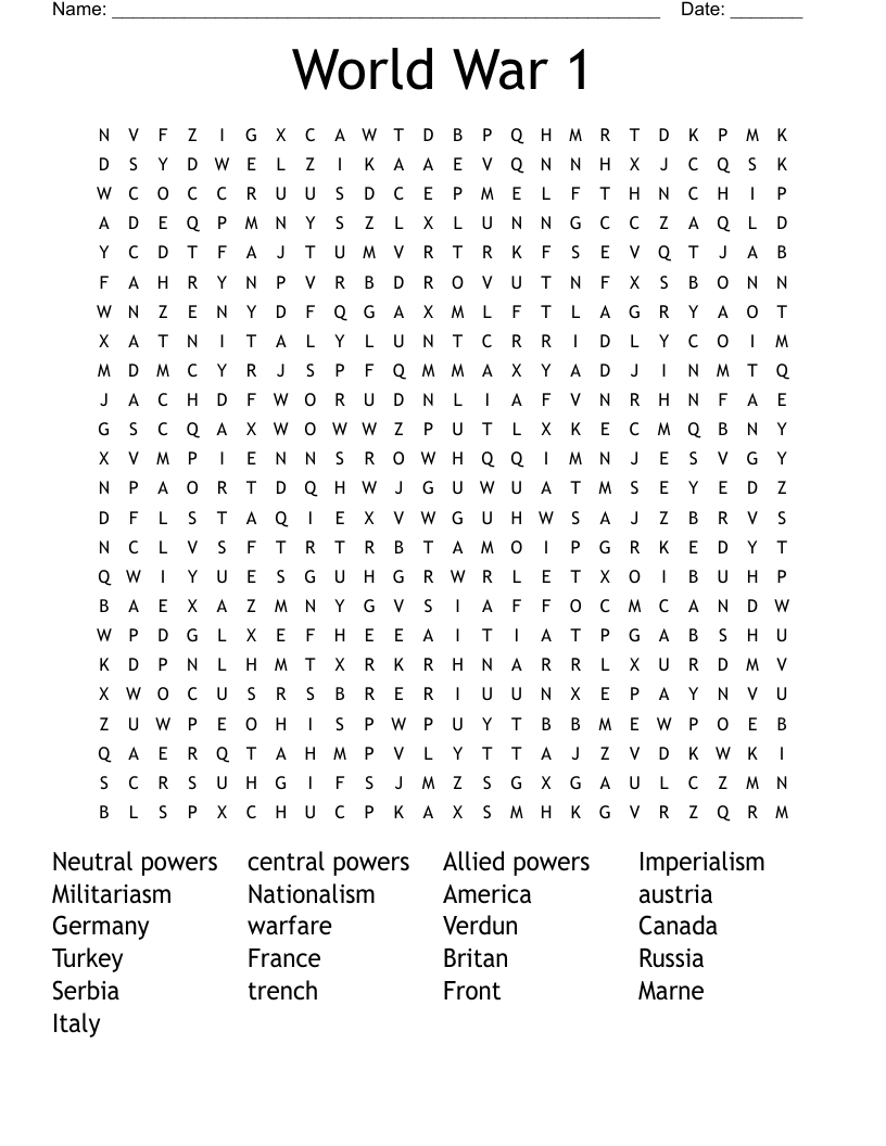 World War 1 Word Search
